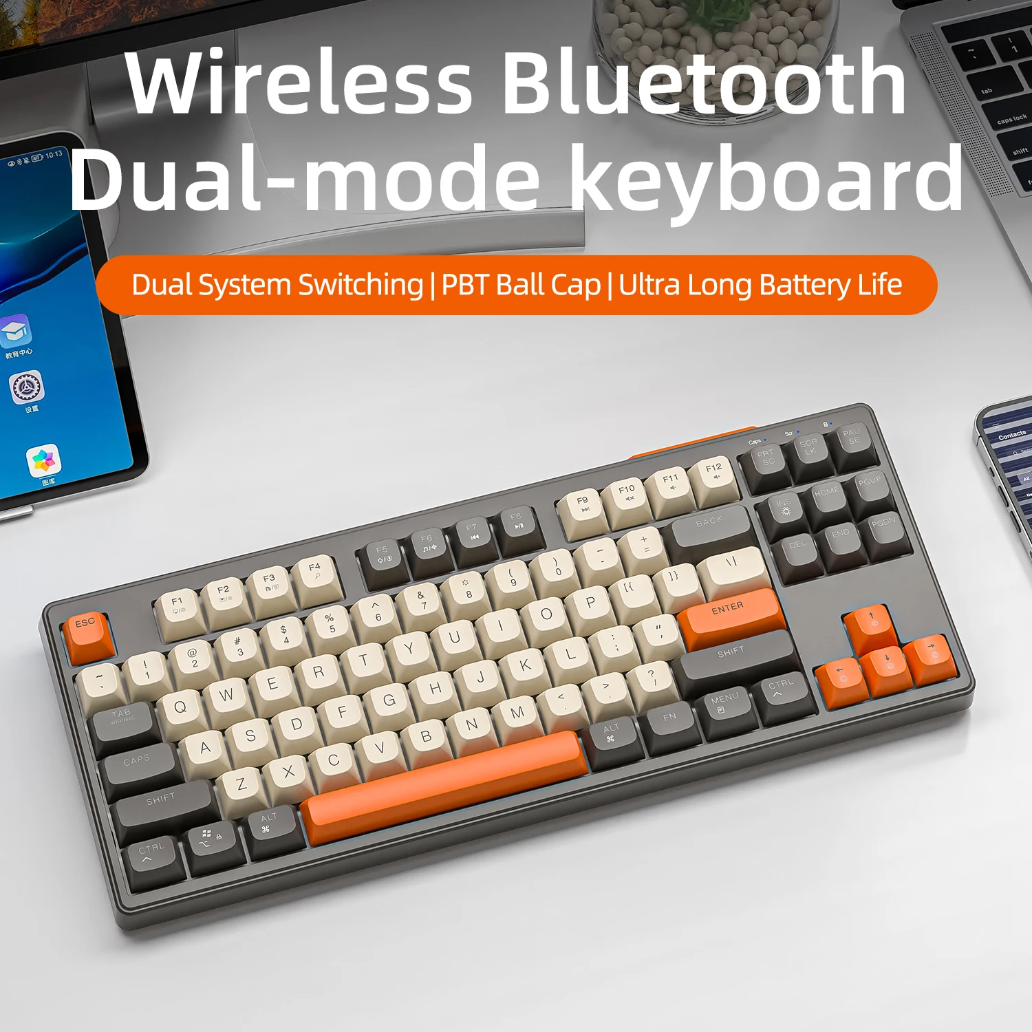 M87 무선 키보드, 레인보우 라이트 RGB, PBT 볼캡 디자인 게이밍 키보드를 갖춘 87키 듀얼 모드 Bluetooth 키보드