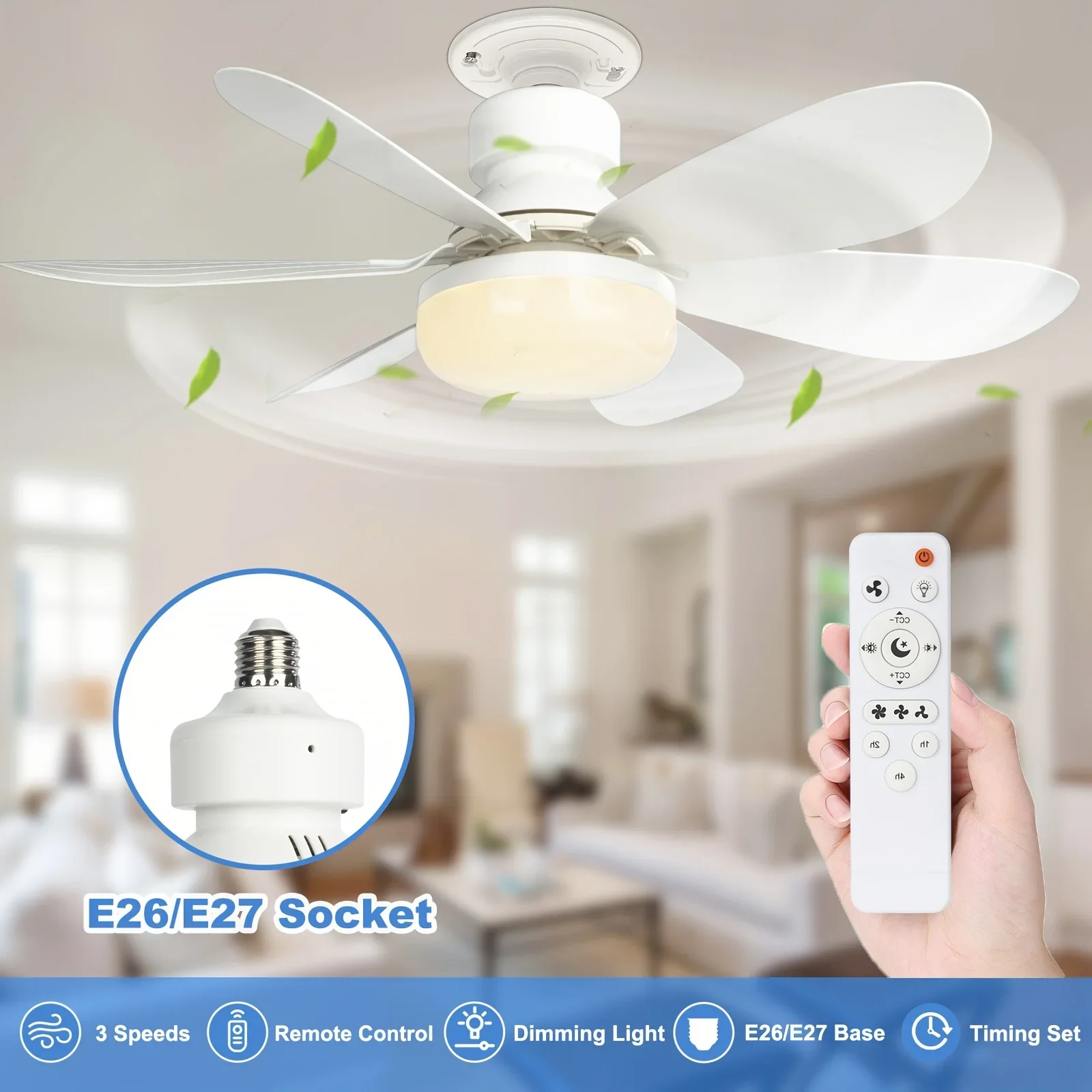 LED 40W 소켓 천장 선풍기(조명 포함), 20.5인치 나사 천장 선풍기(조명 포함), 침실/차고/주방용 리모컨 포함