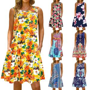 S-5Xl 다채로운 인쇄 O 넥 롱 드레스 캐주얼 보헤미안 민소매 숙녀 여름 해변 Sundress 여행 포켓 셔츠 파티 가운