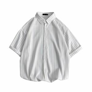 일본 빈티지 세로 줄무늬 반팔 셔츠, 커플 패션, 다목적 오버사이즈 셔츠, 여름