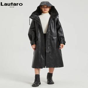 Lautaro 여성용 롱 블랙 방수 방풍 PU 가죽 코트, 후드 집업, 루즈 캐주얼 바람막이, 용수철 가을 2024