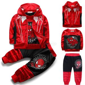 3pcs 만화 인쇄 스파이더 맨 코스프레 의상 가을 어린이 소년 민소매 후드 조끼 + 티셔츠 + 바지 Tracksuit 어린이 의상