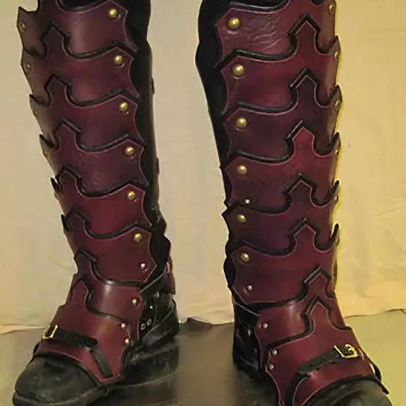 중세 Larp PU 가죽 다리 갑옷 고딕 Greaves Gaiter 바이킹 기사 의상 키트 코스프레 라이더 신발 부츠 커버 남성용