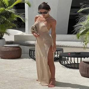 섹시한 니트 백 레스 레이스 업 스플릿 Bodycon 비치 드레스 2025 여름 여성 솔리드 홀터넥 홀리데이 수영복 커버 업 A2797