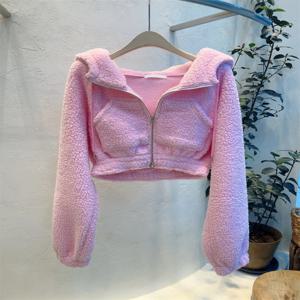 따뜻함 양털 여성 자켓 지퍼 후드 드로스트링 한 색상 짧은 스타일 봄 겉옷 편안한 폴리에스테르 혼합
