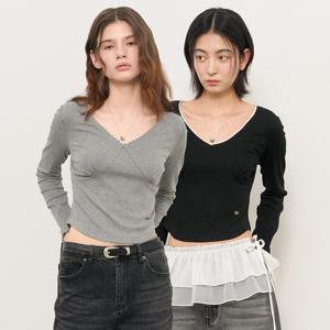 레이스 리브드 브이넥 티셔츠[2COL]/WBE2L01524