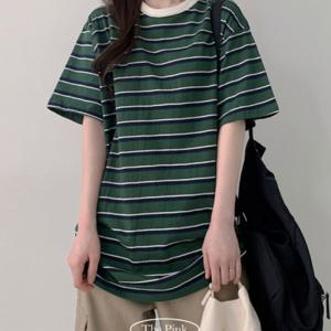 [브리치]  / 보토 오버핏 스트라이프 배색 단가라 반팔티/ 5color