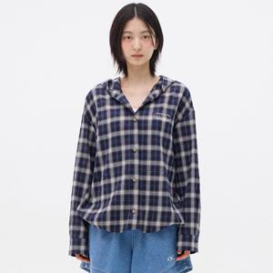 체크 오버핏 후드 셔츠 [NAVY]
