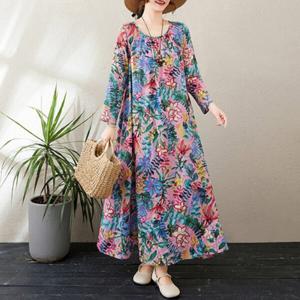 여성 원피스 롱드레스 빅 사이즈 레이지 드레스 라운드 넥 꽃무늬 화사한 컬러 믹스 매치