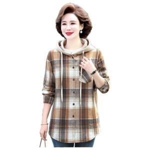 5XL 중년 여성 빅사이즈 봄 가을 체크 무늬 후드 미디 롱 캐주얼 셔츠 자켓