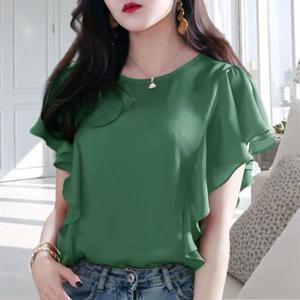 여성 프릴 쉬폰 반팔 블라우스