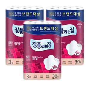 잘풀리는집 퀼팅 3겹 두루마리휴지 롤화장지 30M 30롤 X3팩