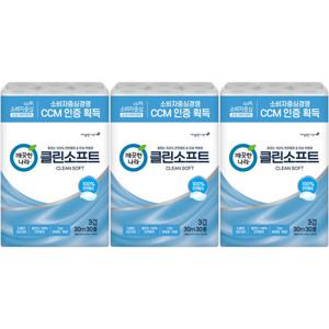 깨끗한나라 3겹데코 클린소프트 화장지 30mx30롤x3개/ 무형광/ 천연펄프/ 두루마리