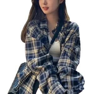 체크 셔츠 여성 상의 봄여름 헐렁헐렁 나른한 바람 빈티지 긴팔 셔츠 카디건 외투