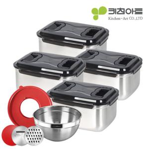 키친아트 스테인레스 김치통 4호 9.5L(4종세트)+채칼믹싱볼