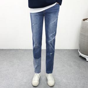 남자 빅사이즈 슬림핏 중청 디스트로이드 언발배색 컷팅 스판 데님 청바지