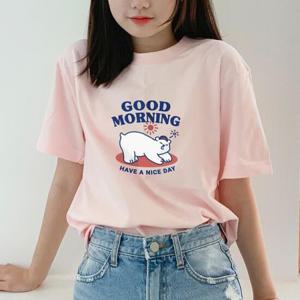 [험블] 굿모닝 베어 프린팅 여성 반팔티셔츠 라이트핑크