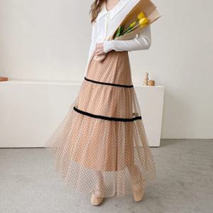 여자 봄 가을 발레리나 도트 쉬폰 롱스커트