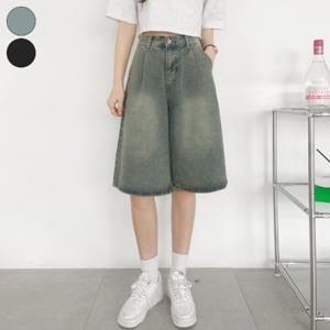 가비진 여성용 허리조절 버튼 버뮤다 워싱 데님 팬츠 5부 청 반바지 바지 2color 빅사이즈까지