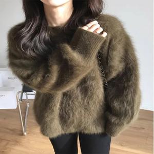 가을 겨울 밍크 양털 스웨터 여성 니트 풀오버 두꺼운 느슨한 캐주얼 겉옷 솔리드 O 넥 특대 점퍼 여성
