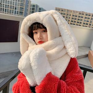 새로운 패션 스카프 모자 장갑 여성 귀여운 큰 귀 토끼 비니 겨울 따뜻한 부드러운 짙어지면서 포켓 따뜻한 귀 모자 후드 3 in1