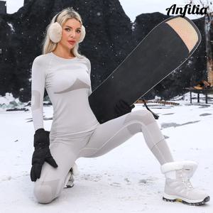 Anfilia 여성 스키 열 속옷 세트 수분 흡수 및 빠른 건조 꽉 크루 넥 매끄러운 니트베이스 레이어 롱 존스
