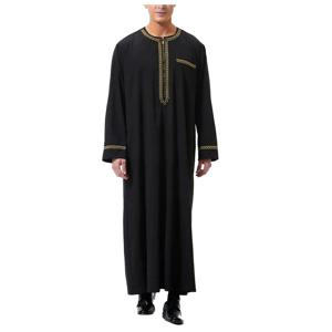 남성 이슬람 가운 아랍 중간 가운 긴 소매 수 놓은 주머니 긴 Abaya 셔츠기도 이슬람 남성 의류