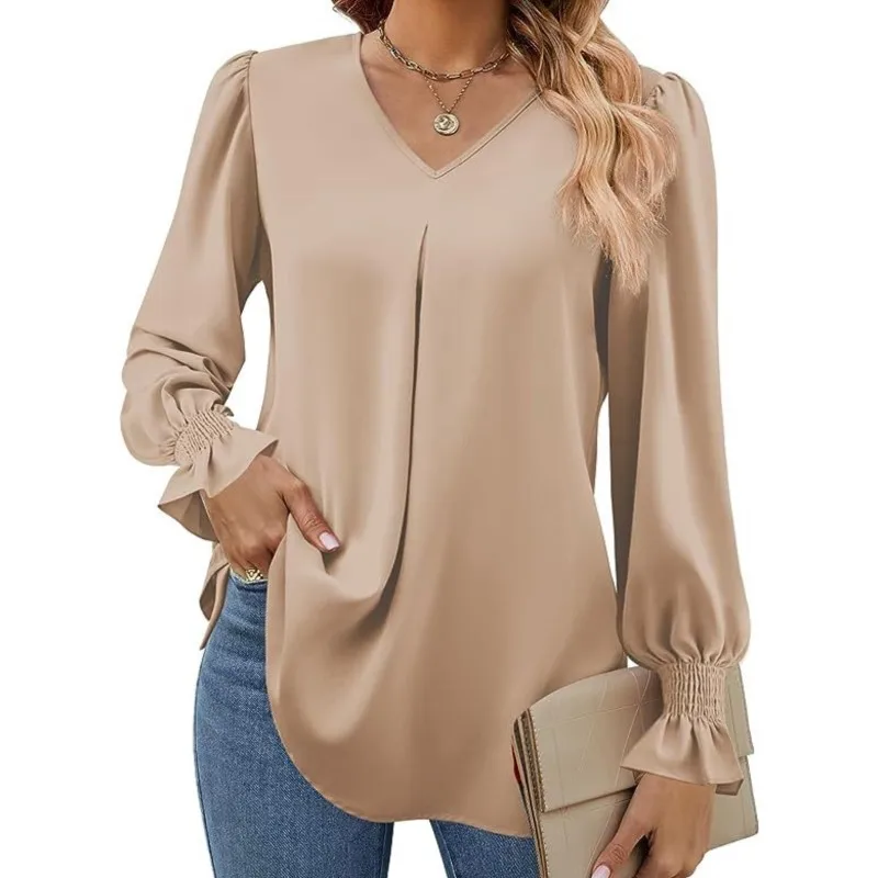 여성용 새 솔리드 컬러 쉬폰 셔츠 v 넥 풀오버 플레어 긴팔 탑 셔츠 Office Lady Elegant Khaki Loose Blouses