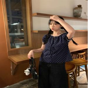 루즈핏 셔츠 한국 스타일 루즈핏 숏슬리브 여성용 점무늬 레이스 플리츠 블라우스 셔츠 블라우스 셔츠 블라우스 셔츠