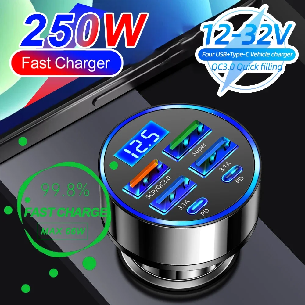 66-250W PD 6in1 차량용 충전기 QC3.0 디지털 디스플레이로 빠른 충전 iPhone Samsung Xiaomi 용 범용 시가 라이터 어댑터