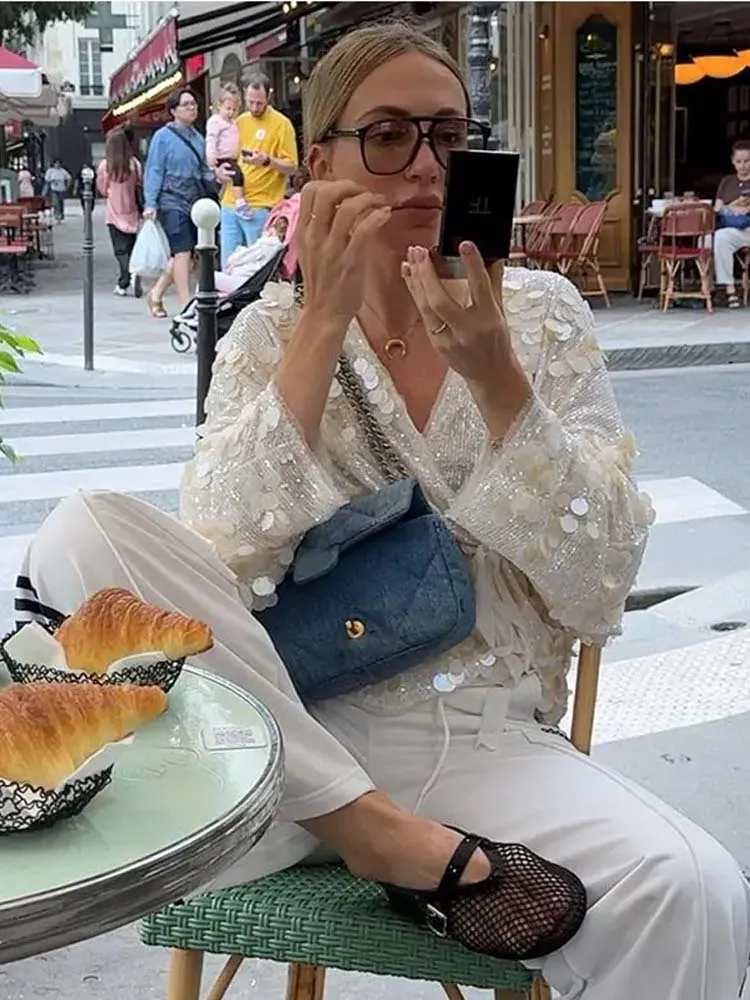 YENKYE 새 가을 여성 스팽글 기모노 자켓 코트 긴 소매 V 넥 여성 캐주얼 루즈 한 겉옷 Chic Lady Wrap Outfit