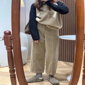 캐주얼 바지 여성용 캐주얼 와이드 레그 코듀로이 루즈핏 여성용 트임 팬츠 캐주얼 바지 일상 바지 캐주얼 바지