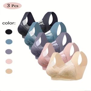 3Pcs 여성 레이스 브래지어 관점은 얼음 실크를 밀어 깊은 V Bralette 브래지어 섹시한 란제리 탑 플러스 사이즈 컵 엄마의 속옷 L-5XL
