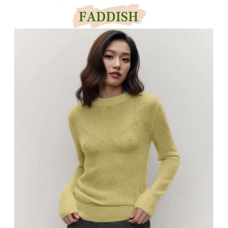 FADDISH 2025 봄 여름 패션 우아한 슬림 스웨터 여성 캐주얼 라운드 넥 긴팔 니트 풀오버 탑 여성