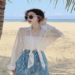 방수 셔츠 여름 루즈핏 스탠드 칼라 얇은 방수 샤넬 스타일 여성용 여름 신상 얇은 투명한 반팔 숏 스타일 반팔 숏 스타일 셔츠 셔츠