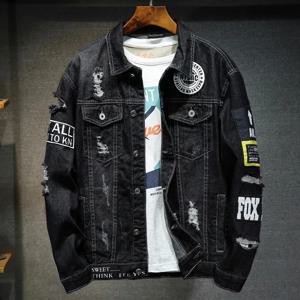 남성 브랜드 데님 자켓 streetwear 펑크 오토바이 찢어진 인쇄 카우보이 코트 고품질 캐주얼 홀 느슨한 남성 청바지 아웃웨어