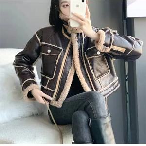여성용 인조 모피 가죽 쇼트 재킷, 울 코트, 두꺼운 오토바이 자켓, 빈티지 램스울, 루즈한 아우터, 겨울