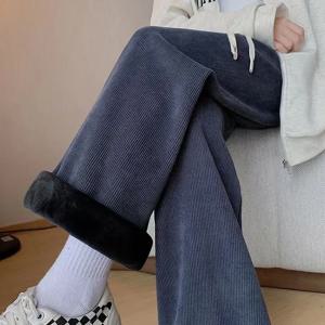 루즈한 올매치 코듀로이 바지, 신축성 허리, 단색 플리스, 캐주얼 스트레이트 바지, 패션 빈티지 여성 의류, 가을 겨울 신상
