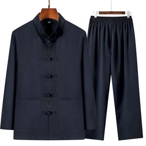 2 개/대 남자 당나라 정장 세트 중국 전통 옷 Hanfu 탄성 허리 넓은 다리 부드러운 중년 남성 셔츠 바지 세트