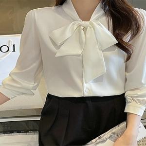 새 봄 가을 흰색 긴 소매 쉬폰 블라우스 여성 Draped 한국 스타일 리본 탑 부드럽고 우아한 겉옷 셔츠