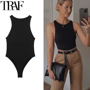 TRAF 2024 여성용 바디 민소매 블랙 화이트 바디 수트 여성용 여름 Bodycon 원피스 비치 수영복 스타킹 끈 팬티 바디 수트