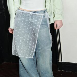 INS Blogger 레이스 레이어드 거즈 스커트와 타이 업 Bowknot 프린트 소녀 스택 스커트 Y2k streetwear 앞치마 랩 스커트 매칭 바지