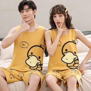 여름 니트 코튼 만화 오리 남성 잠옷 세트 남성 수면 및 라운지 민소매 반바지 바지 커플 잠옷 패션 Homewear