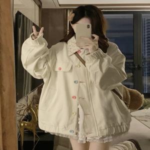 여성용 데님 재킷 한국 스타일 루즈핏 긴팔 데님 패션 여유로운 빅사이즈 루즈핏 플라워 패턴 숙녀용 데님 재킷