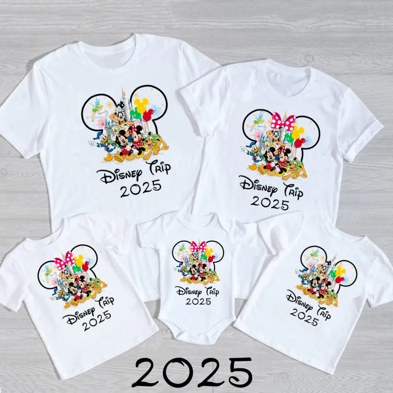 디즈니 여행 2025 패밀리 매칭 셔츠 웃긴 미키 미니 티셔츠 아빠 엄마 키즈 티셔츠 탑 첫 번째 디즈니랜드 휴가 의상