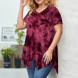 5XL 플러스 사이즈 여성 의류 넥타이 염색 반소매 티셔츠 캐주얼 뉴 V 넥 불규칙 탑 빅 사이즈 여성용 루즈 탑 롱