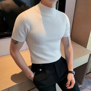 남성 반팔 니트 스웨터 2024 봄 신작 터틀넥 솔리드 컬러 캐주얼 스트레치 슬림 피트 옴므 풀오버 남성 의류