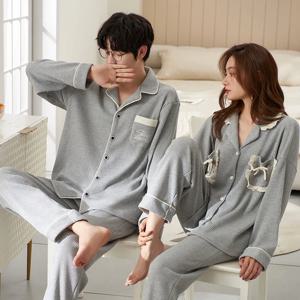 커플을위한 코튼 잠옷 한국 카디건 남성 Pijamas 여성 잠옷 세트 긴 수면 탑 바지 Nightwear Pjs pareja hombre