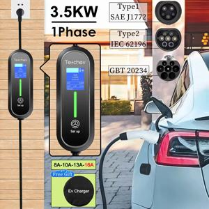 Teschev EV 휴대용 충전기 타입 2 EVSE 충전 박스, GBT 전기차 충전기, J1772 타입 1 전기차 충전기, 3.5KW, 16A