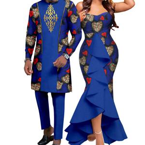 Dashiki 아프리카 여성 인어 드레스 일치하는 남자 의상 바지 세트 Bazin Riche 결혼식을위한 아프리카 커플 옷 Y22C080